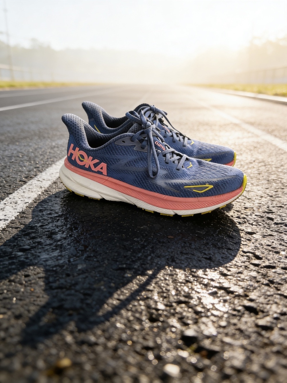Hoka Women's Blue Running Shoes with Coral and Yellow Accents